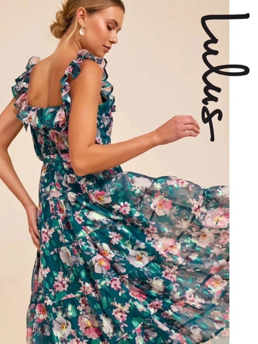 Lulus - Shela Teal Floral Jacquard Tiered Midi Dress - Picture 5 of 6